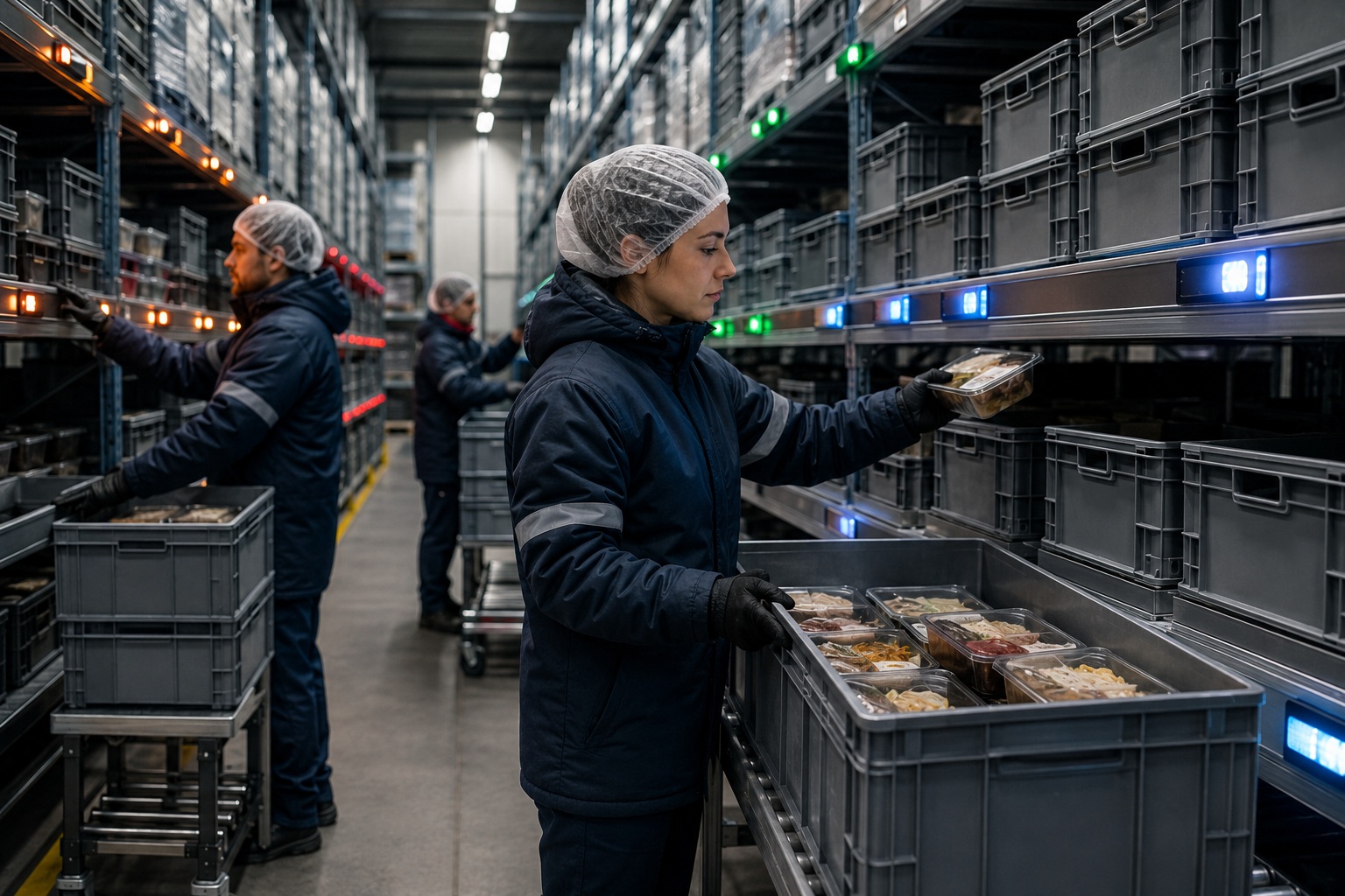 Operativa de distribución de catering cargando contenedores de comida en vehículos refrigerados por ruta