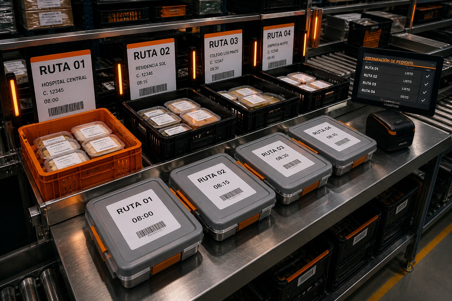 Preparación de pedidos alimentarios con cajas y rutas